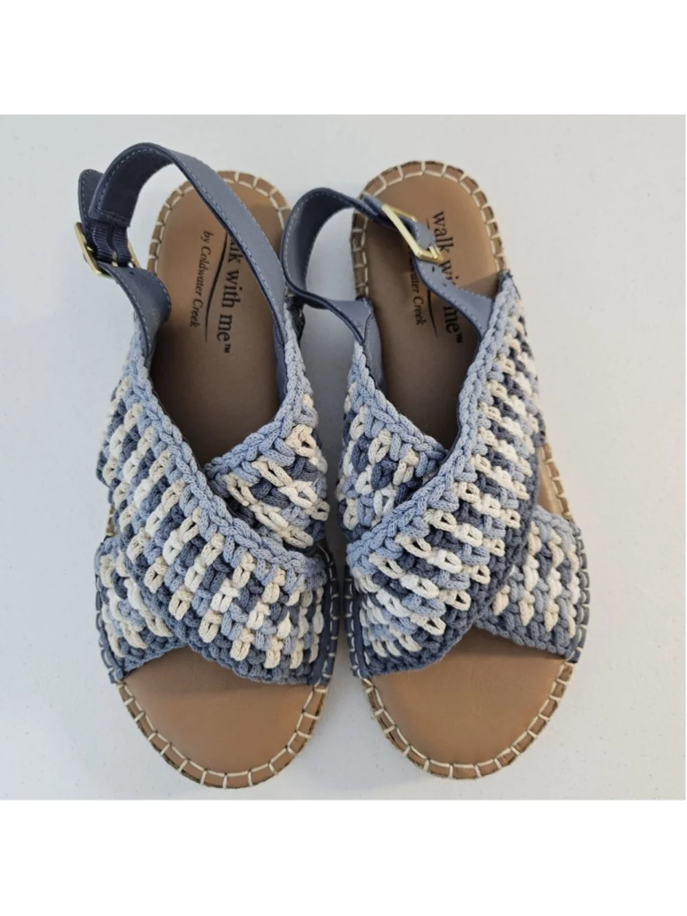 Coldwater Creek Walk With Me Cosita Blue Beige Crochet Espadrille Sandals 7.5